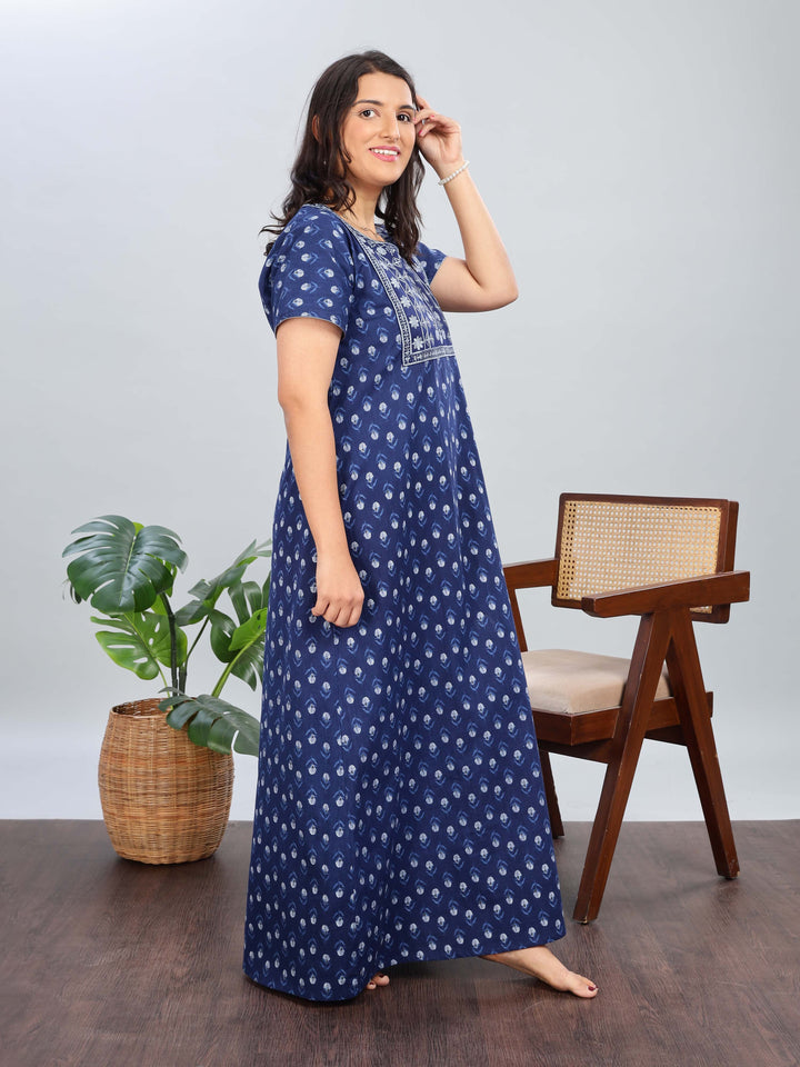 Electric Blue Pure Cotton Nighty with Embroidery for Women