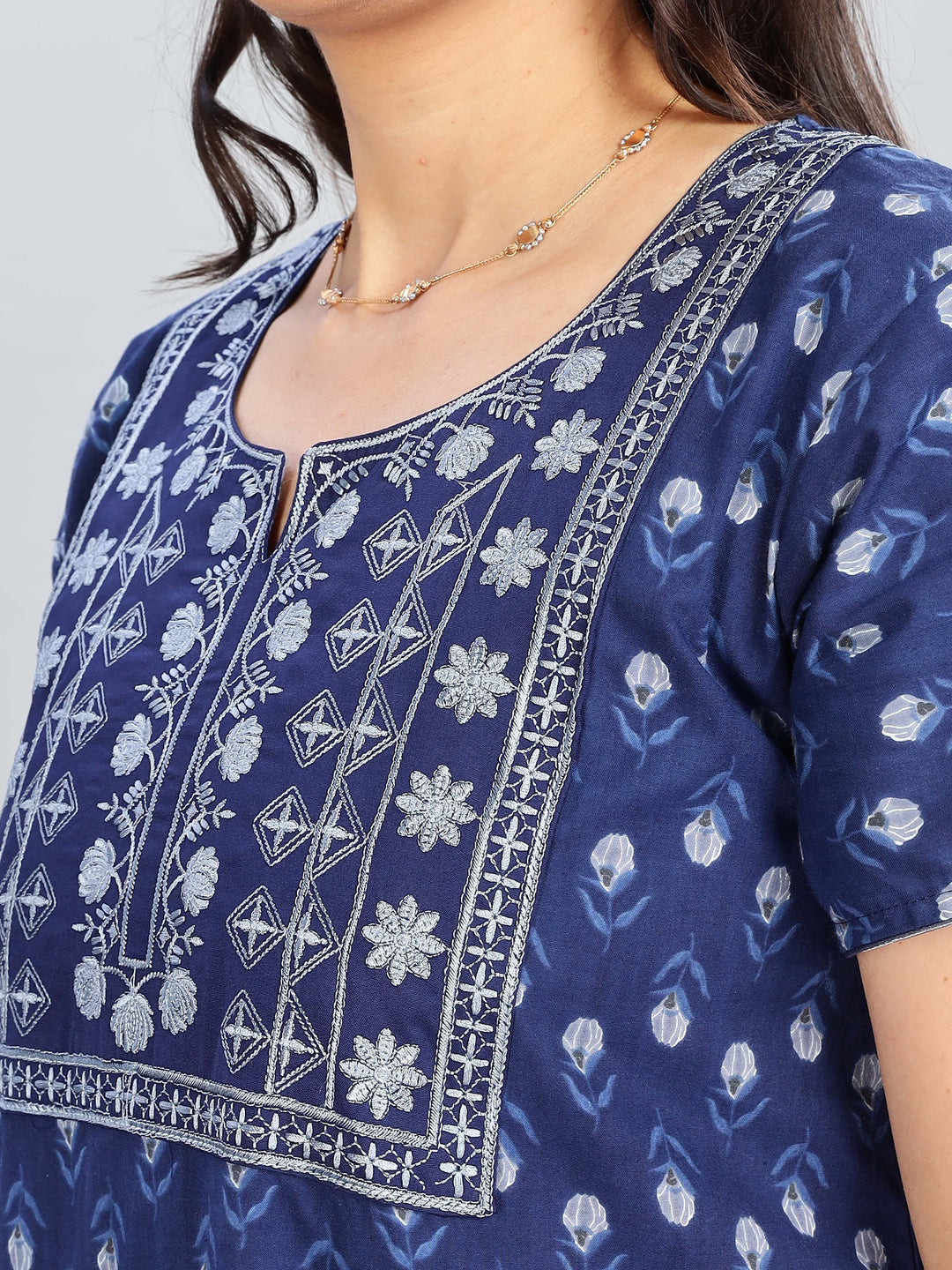 Electric Blue Pure Cotton Nighty with Embroidery for Women