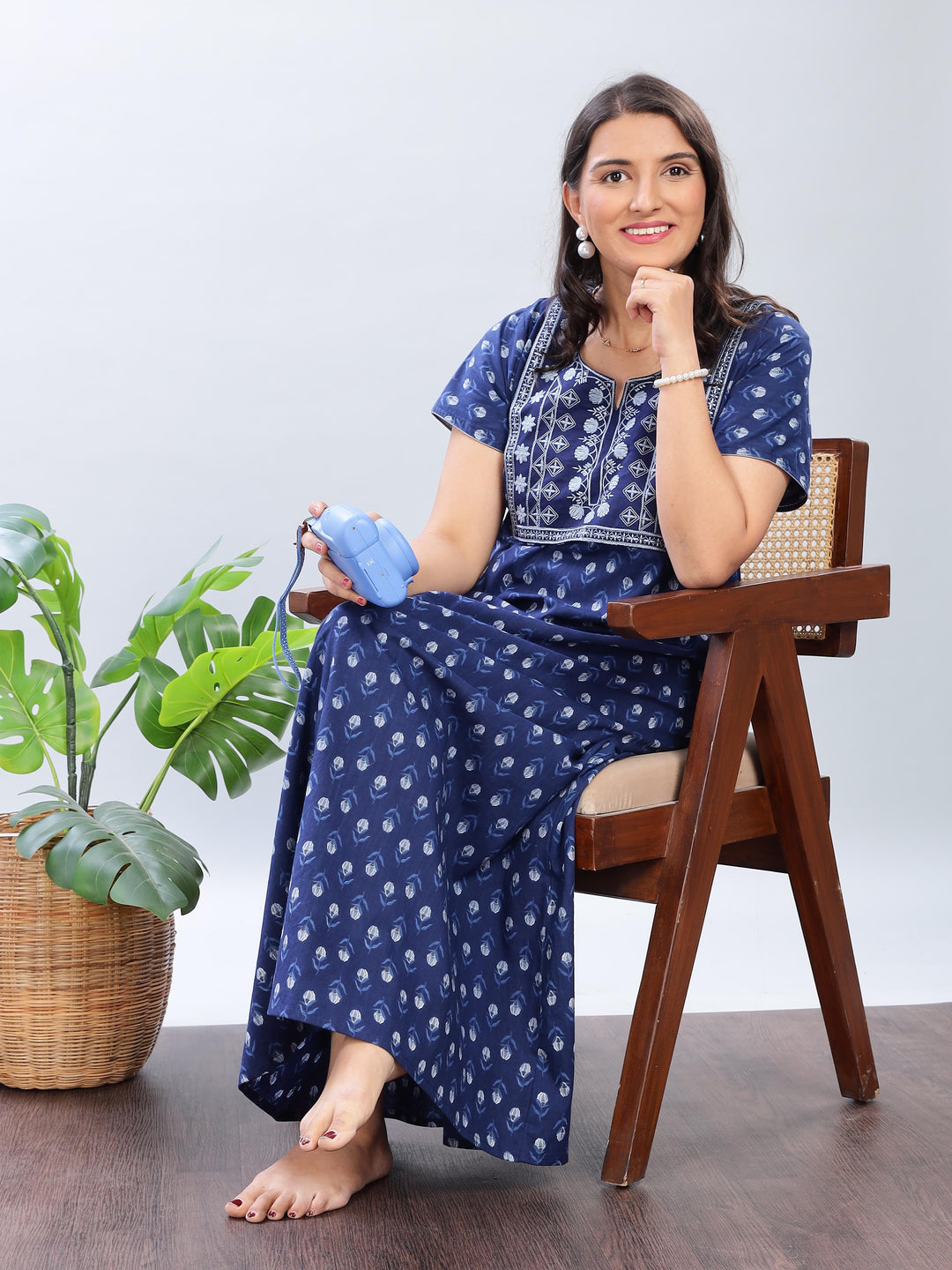 Electric Blue Pure Cotton Nighty with Embroidery for Women