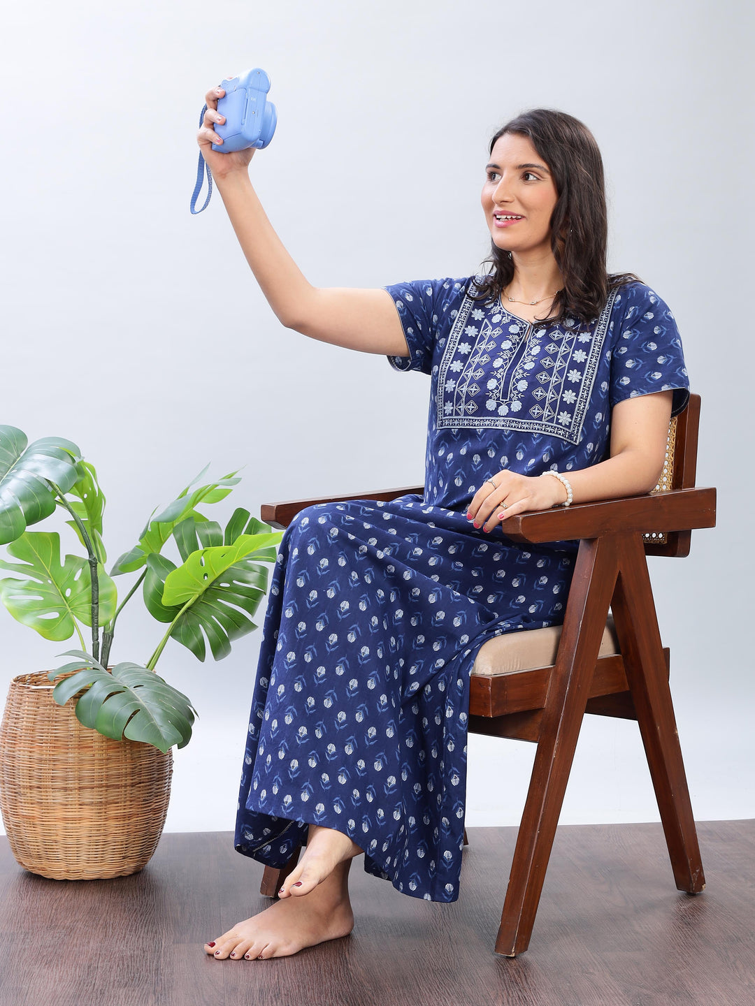 Electric Blue Pure Cotton Nighty with Embroidery for Women