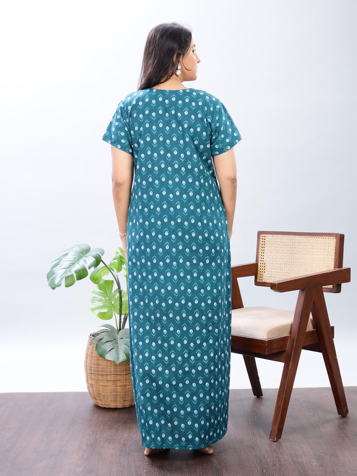 Green Pure Cotton Designer Nighty with Floral Print