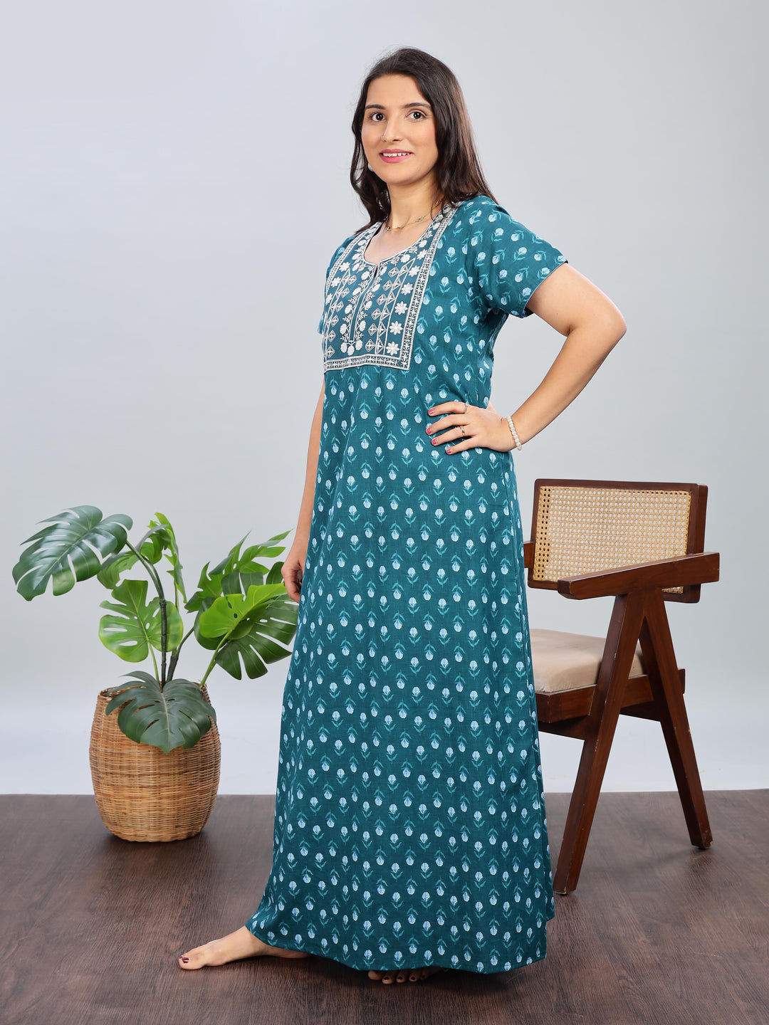 Green Pure Cotton Designer Nighty with Floral Print