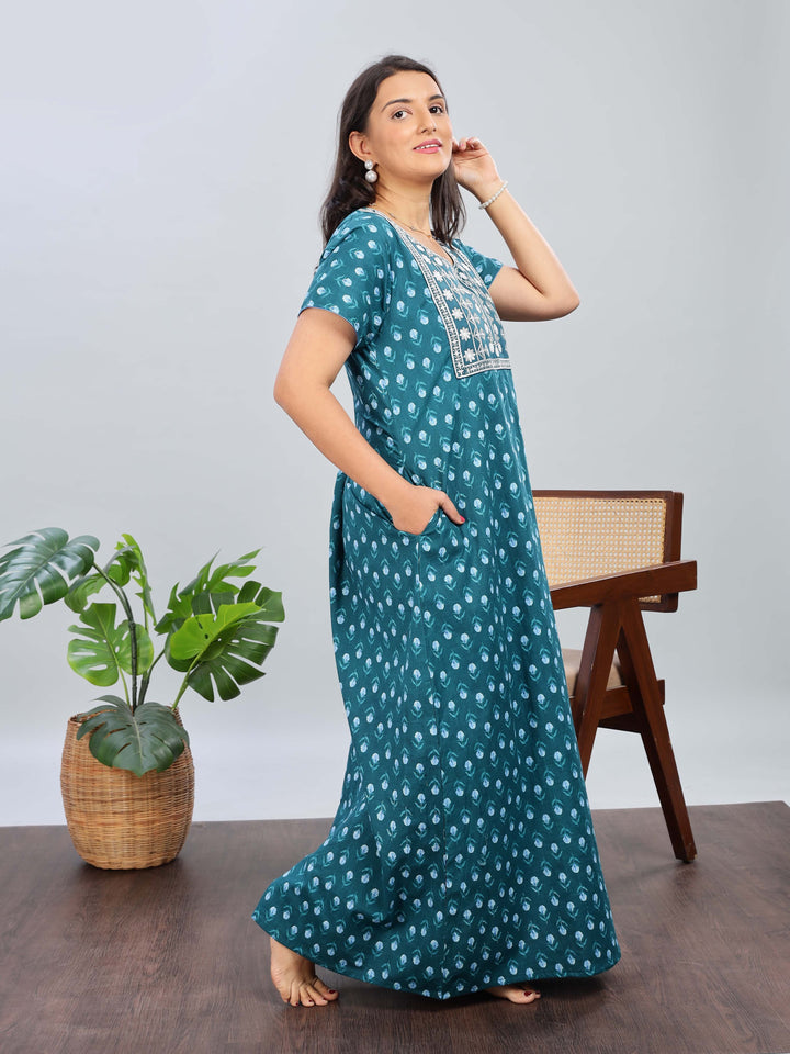 Green Pure Cotton Designer Nighty with Floral Print