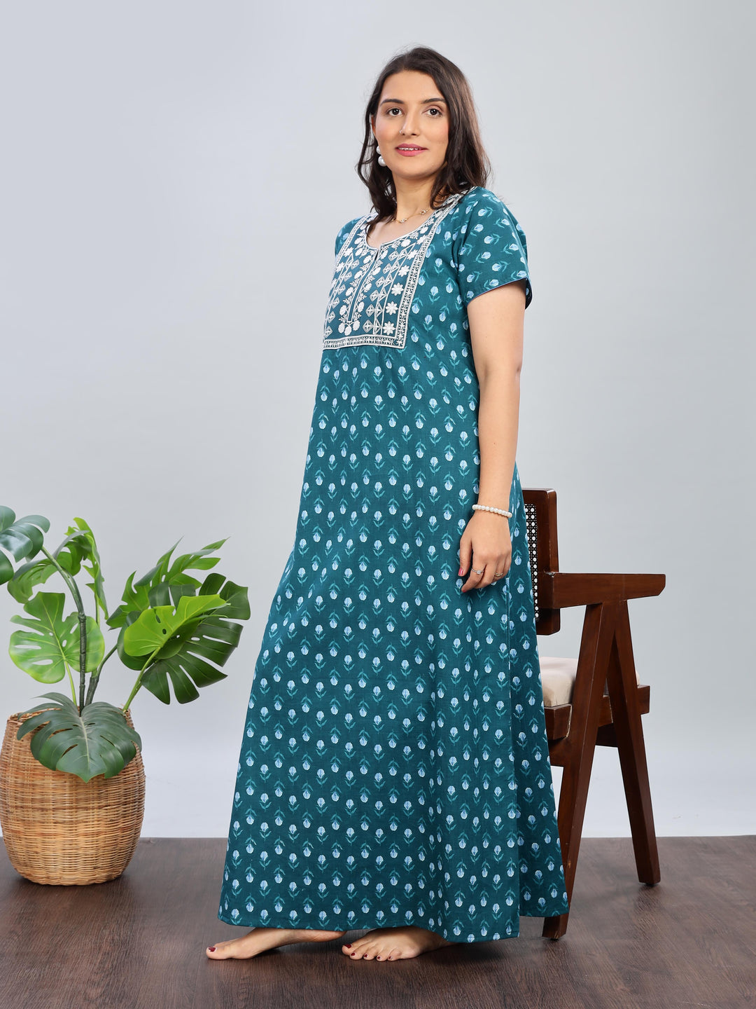 Green Pure Cotton Designer Nighty with Floral Print