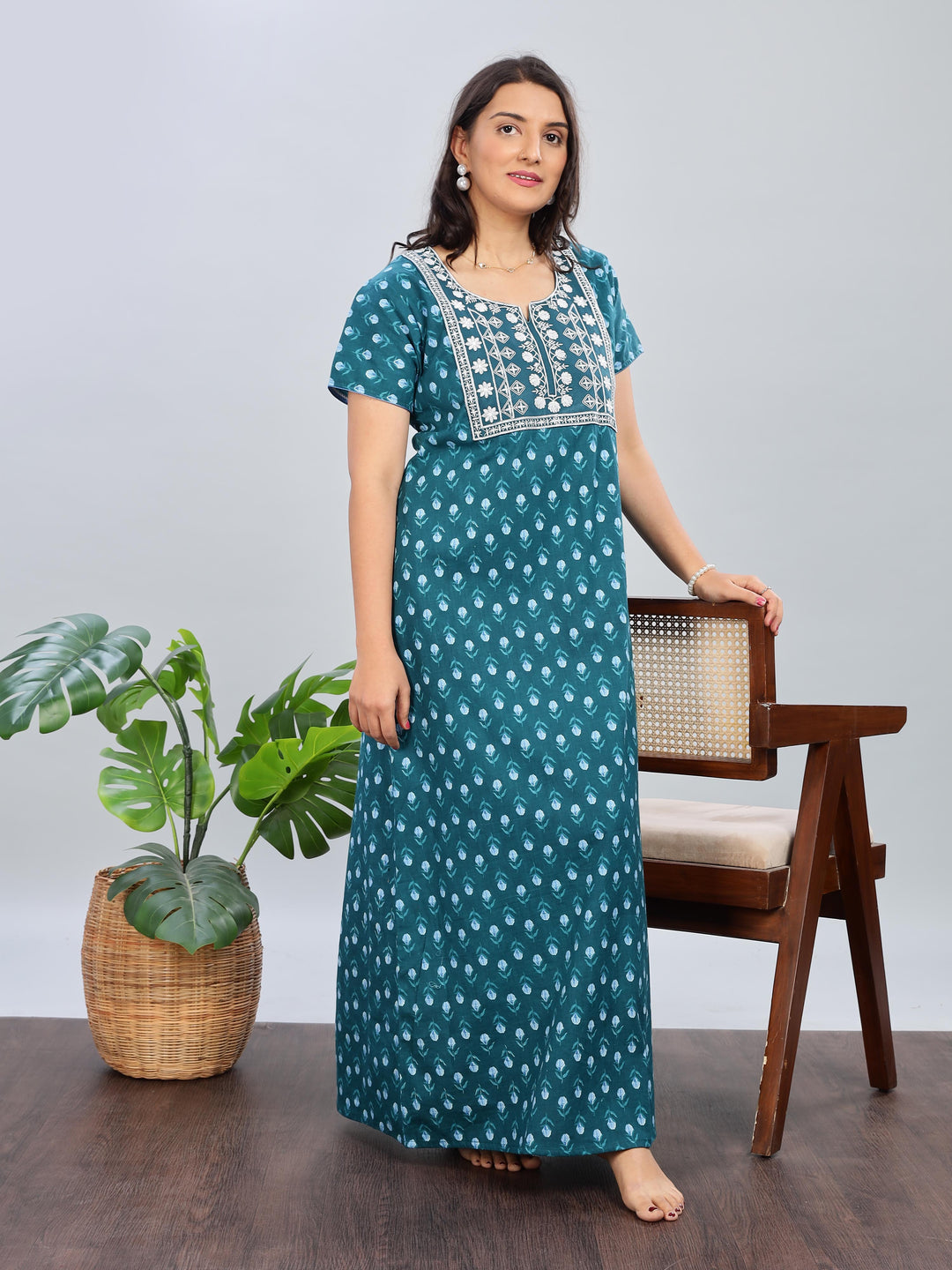 Green Pure Cotton Designer Nighty with Floral Print