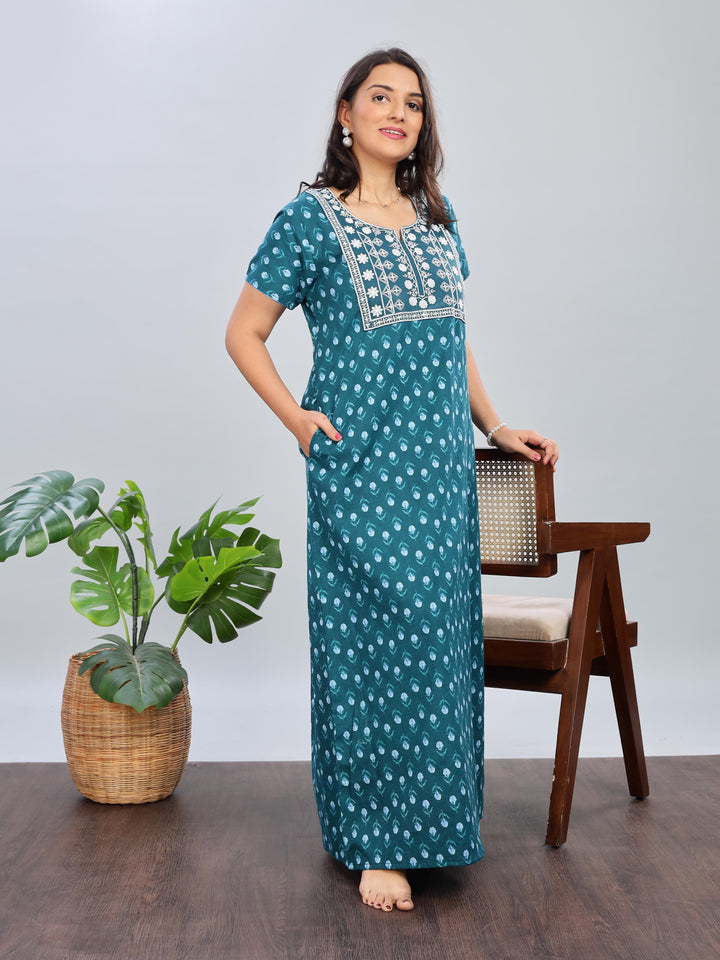 Green Pure Cotton Designer Nighty with Floral Print