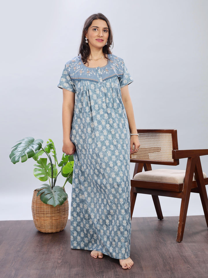 Denim Blue Cotton Embroidered Nighty with Front Button Design