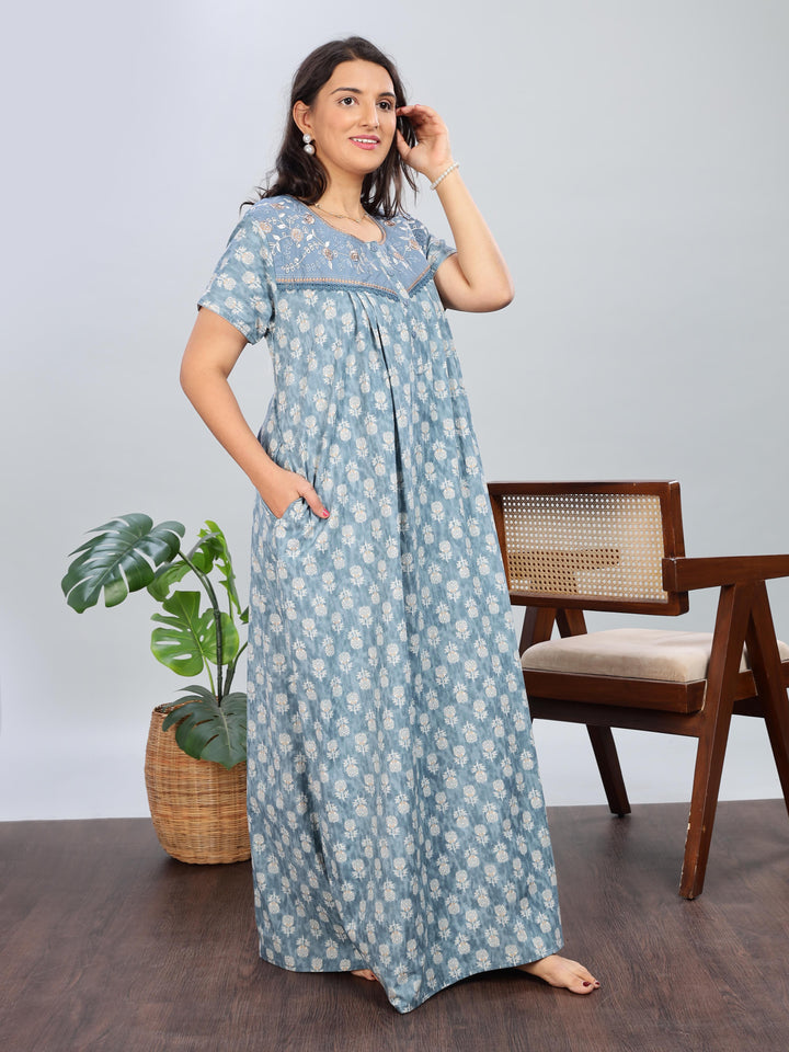 Denim Blue Cotton Embroidered Nighty with Front Button Design