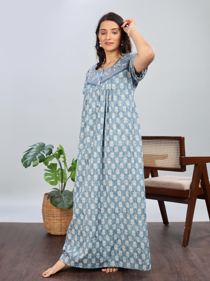 Denim Blue Cotton Embroidered Nighty with Front Button Design