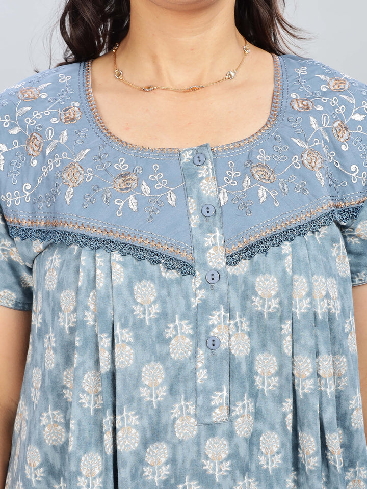 Denim Blue Cotton Embroidered Nighty with Front Button Design