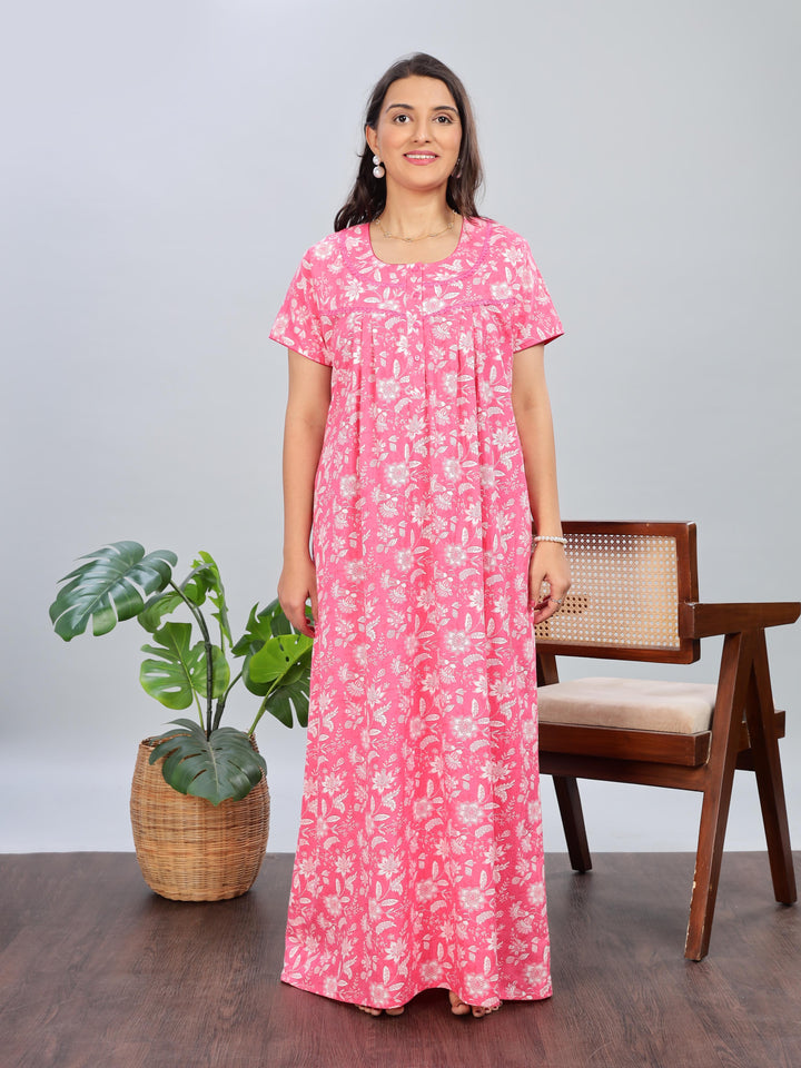 Pink Printed Cotton Nighty for Women Full Length