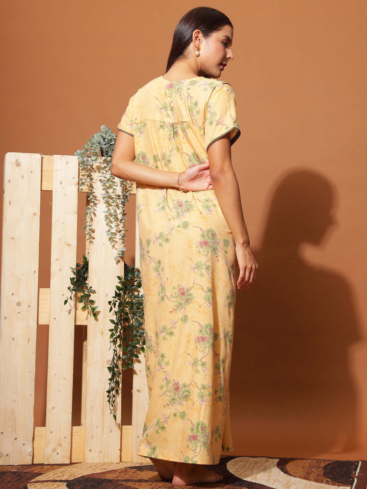  Poly Viscose Nighty  Luxurious Golden Yellow Floral Maxi Nightgown with Neck Embroidery- 9shines label 