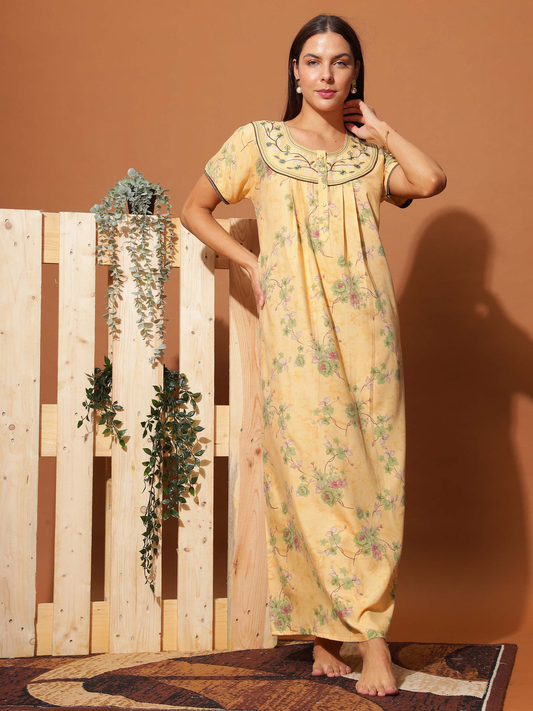  Poly Viscose Nighty  Luxurious Golden Yellow Floral Maxi Nightgown with Neck Embroidery- 9shines label 