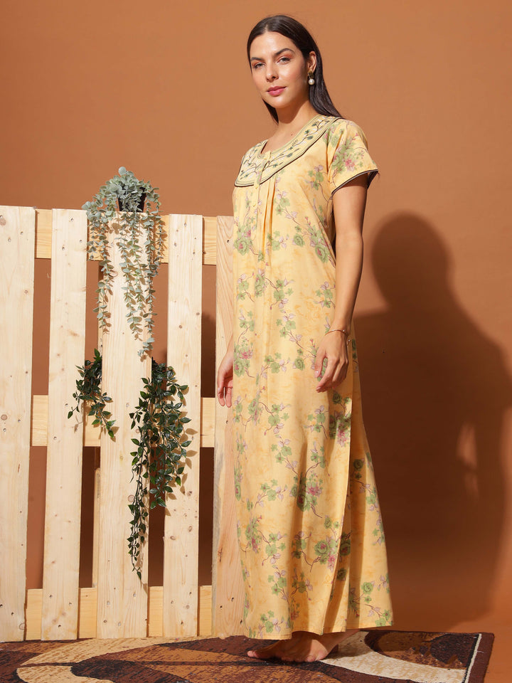  Poly Viscose Nighty  Luxurious Golden Yellow Floral Maxi Nightgown with Neck Embroidery- 9shines label 