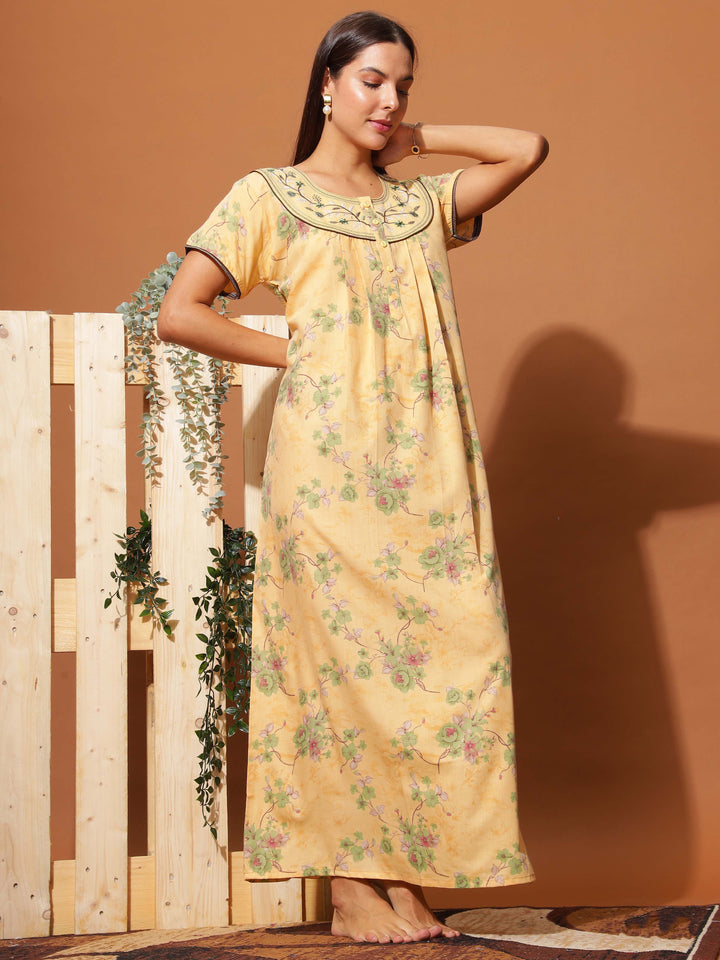  Poly Viscose Nighty  Luxurious Golden Yellow Floral Maxi Nightgown with Neck Embroidery- 9shines label 