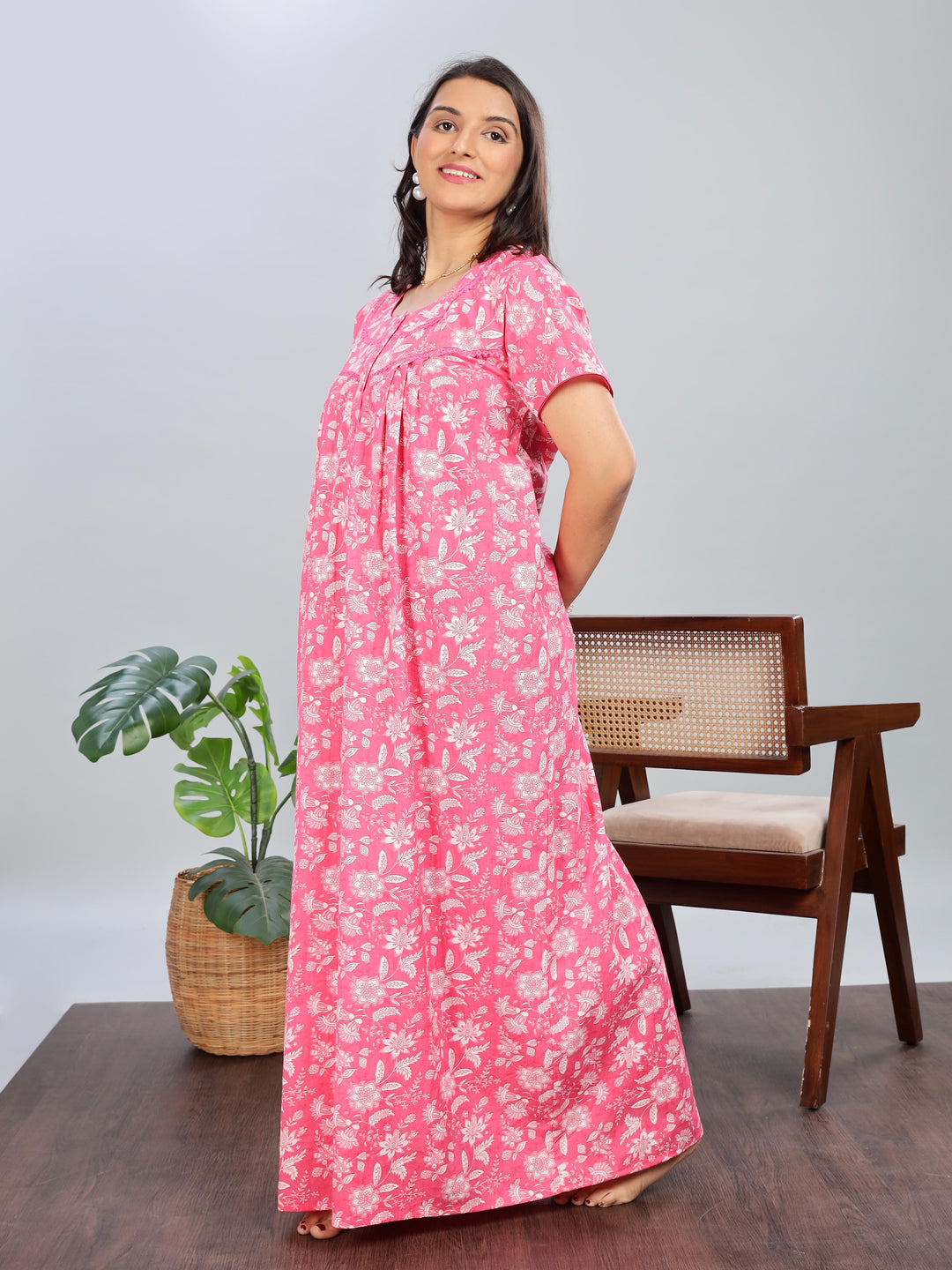 Pink Printed Cotton Nighty for Women Full Length