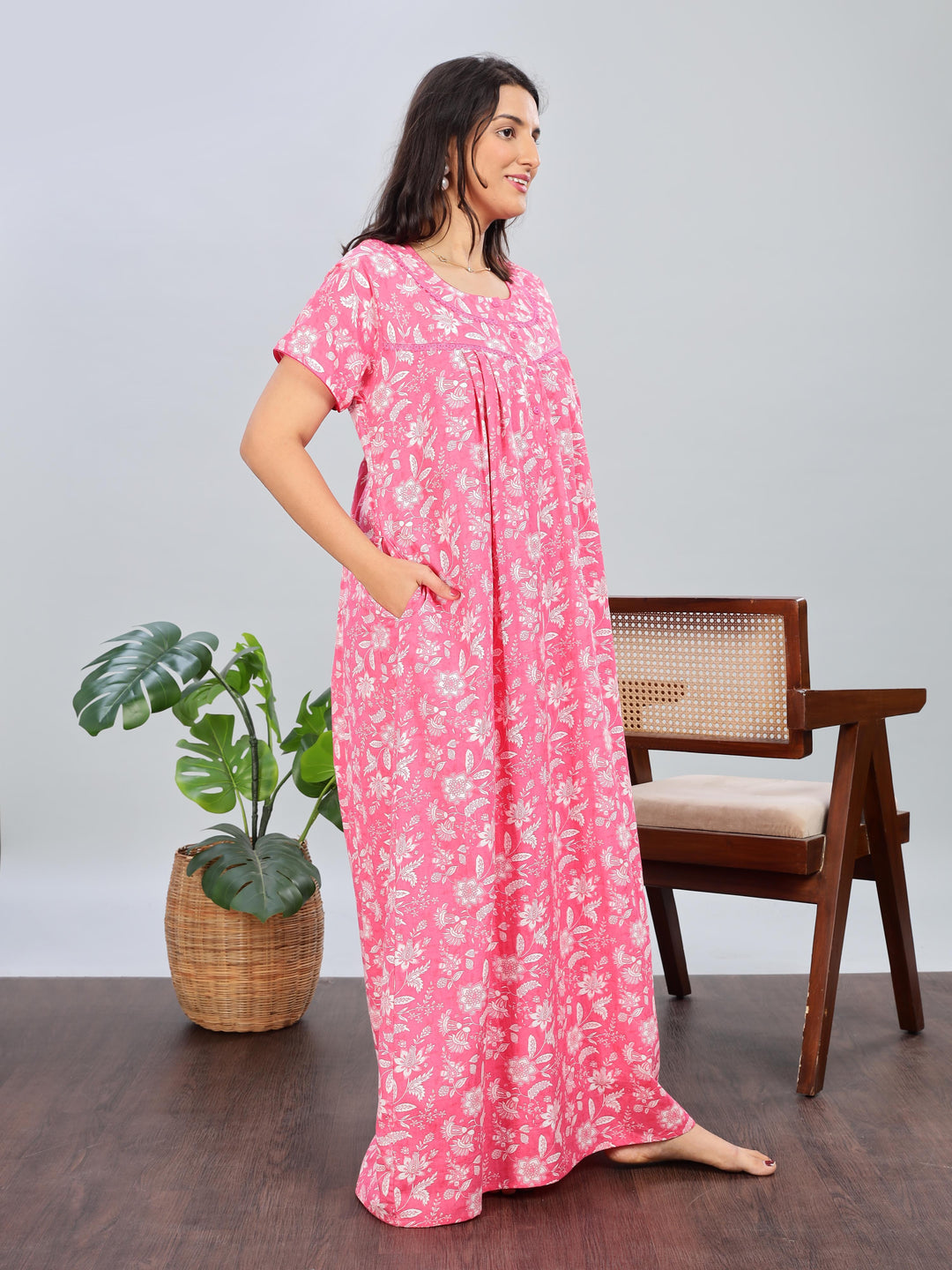 Pink Printed Cotton Nighty for Women Full Length