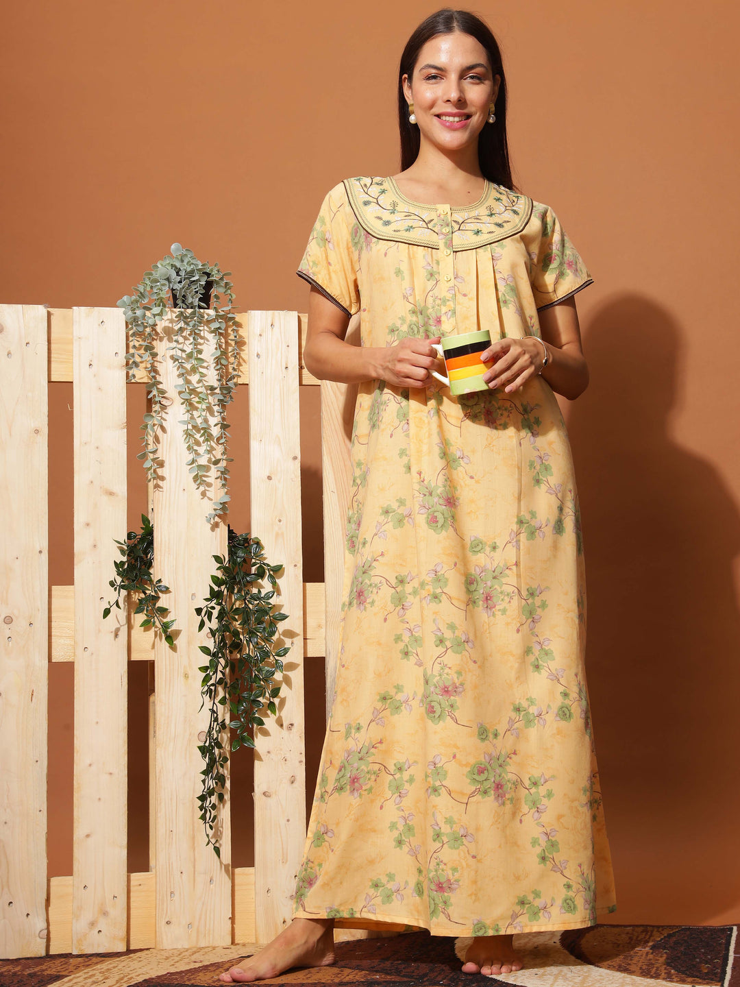  Poly Viscose Nighty  Luxurious Golden Yellow Floral Maxi Nightgown with Neck Embroidery- 9shines label 