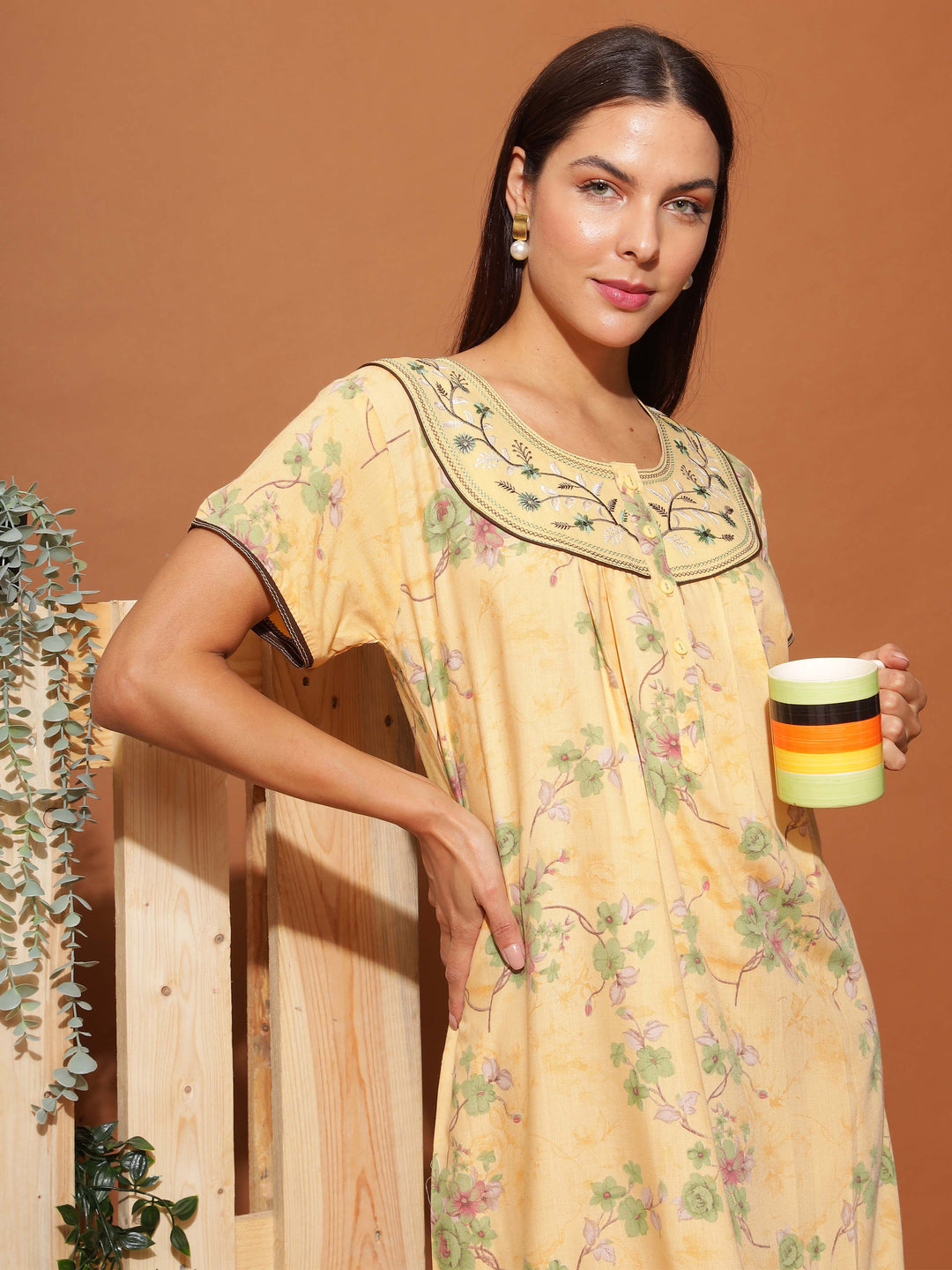  Poly Viscose Nighty  Luxurious Golden Yellow Floral Maxi Nightgown with Neck Embroidery- 9shines label 