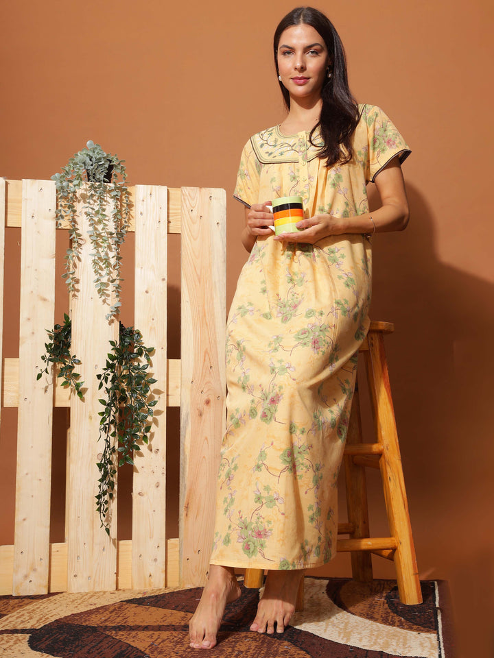  Poly Viscose Nighty  Luxurious Golden Yellow Floral Maxi Nightgown with Neck Embroidery- 9shines label 