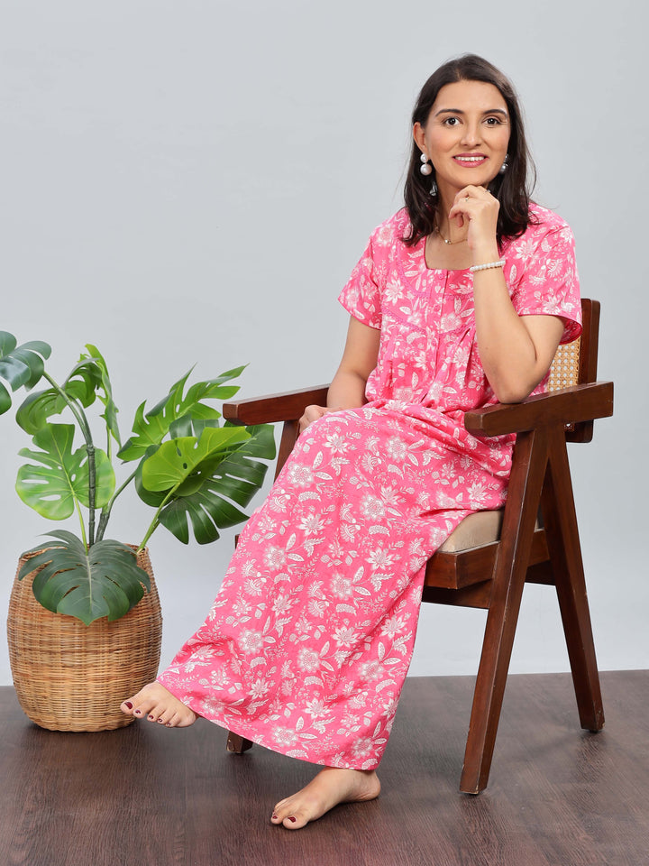 Pink Printed Cotton Nighty for Women Full Length