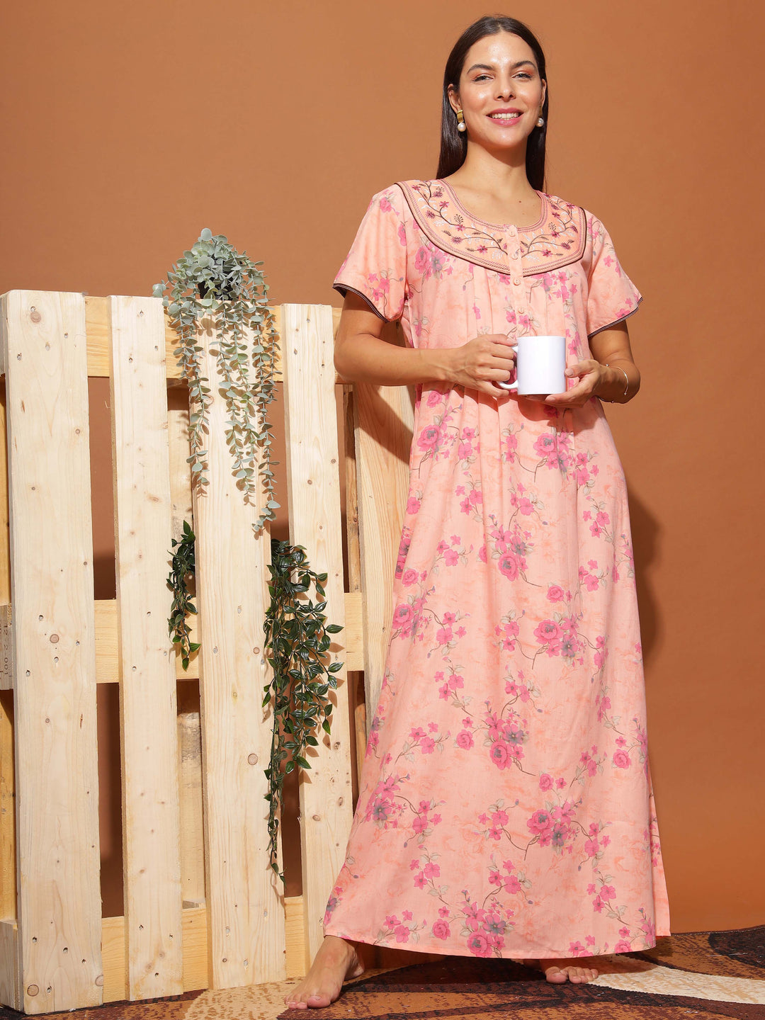  Poly Viscose Nighty  Elegant Peach Pink Floral Maxi Nighty with Front Buttons & Pocket- 9shines label 