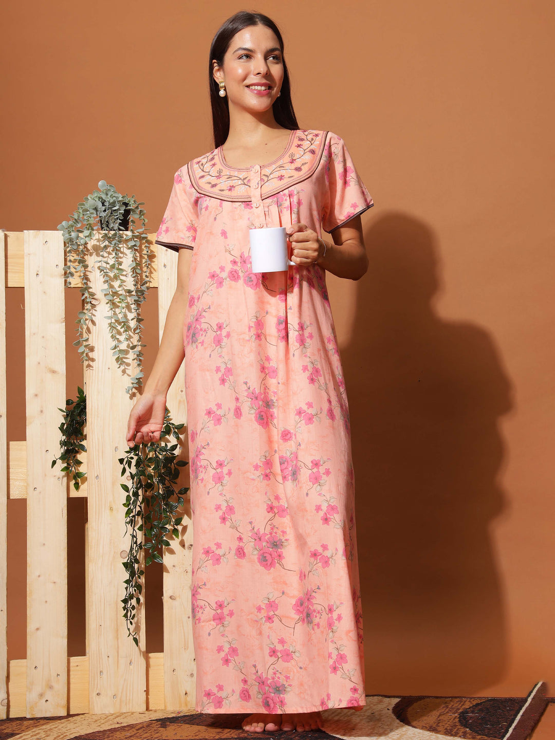  Poly Viscose Nighty  Elegant Peach Pink Floral Maxi Nighty with Front Buttons & Pocket- 9shines label 