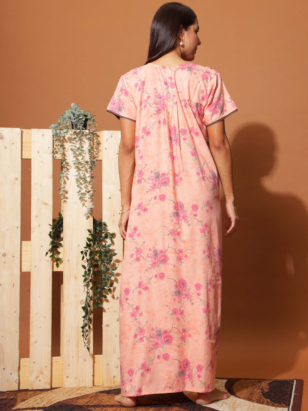  Poly Viscose Nighty  Elegant Peach Pink Floral Maxi Nighty with Front Buttons & Pocket- 9shines label 