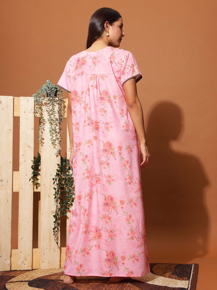  Poly Viscose Nighty  Stylish Neon Pink Floral Maxi Nightgown with Intricate Neck Embroidery- 9shines label 