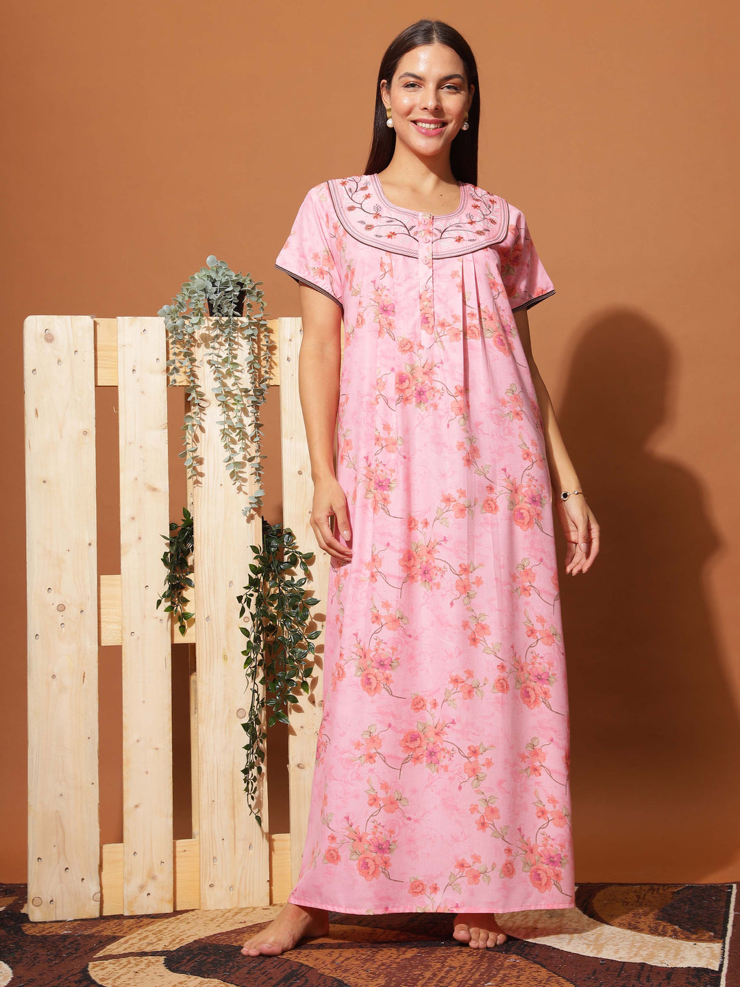  Poly Viscose Nighty  Stylish Neon Pink Floral Maxi Nightgown with Intricate Neck Embroidery- 9shines label 