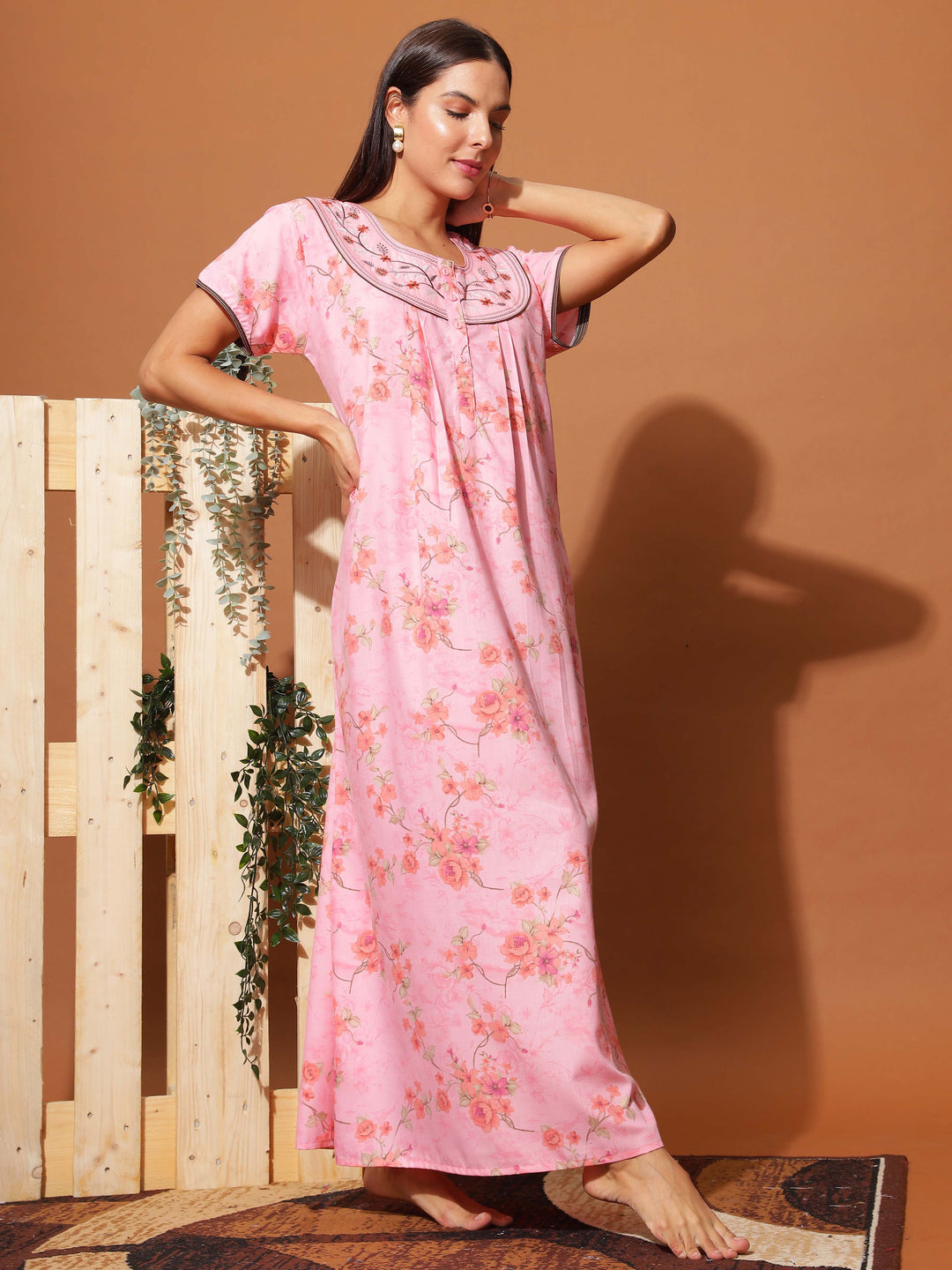  Poly Viscose Nighty  Stylish Neon Pink Floral Maxi Nightgown with Intricate Neck Embroidery- 9shines label 