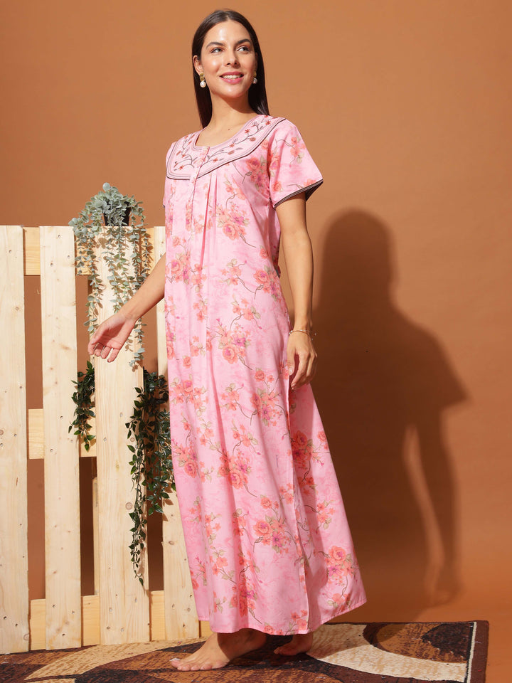  Poly Viscose Nighty  Stylish Neon Pink Floral Maxi Nightgown with Intricate Neck Embroidery- 9shines label 