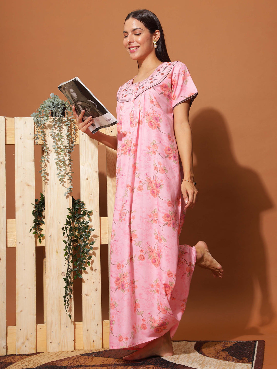  Poly Viscose Nighty  Stylish Neon Pink Floral Maxi Nightgown with Intricate Neck Embroidery- 9shines label 