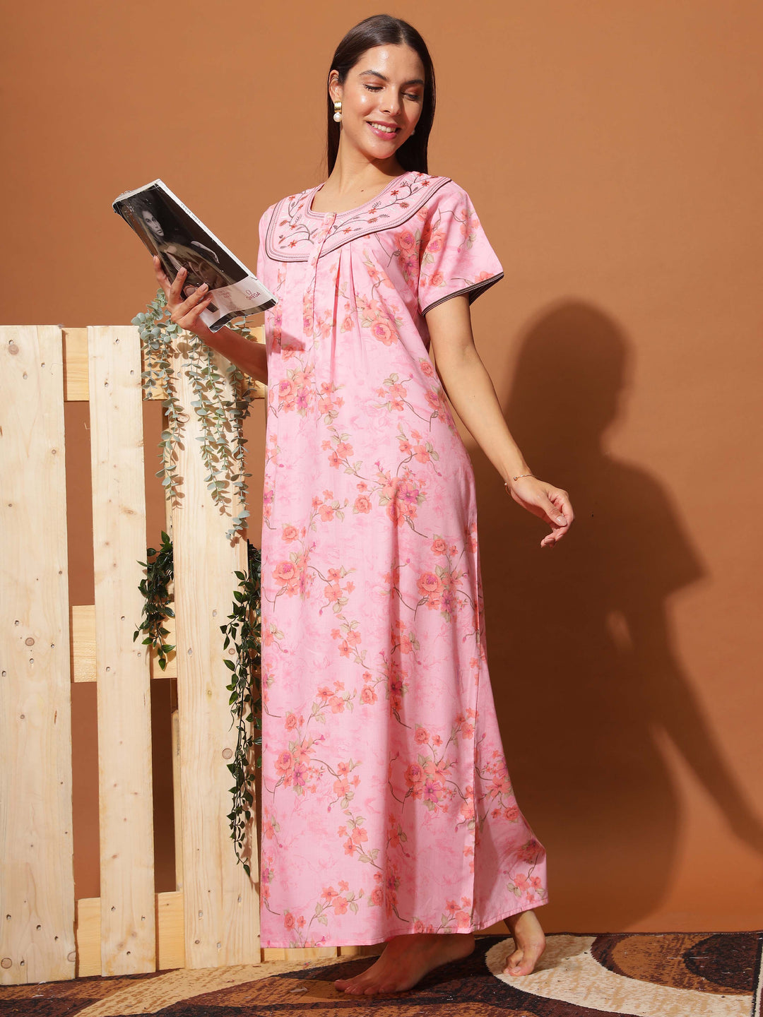  Poly Viscose Nighty  Stylish Neon Pink Floral Maxi Nightgown with Intricate Neck Embroidery- 9shines label 