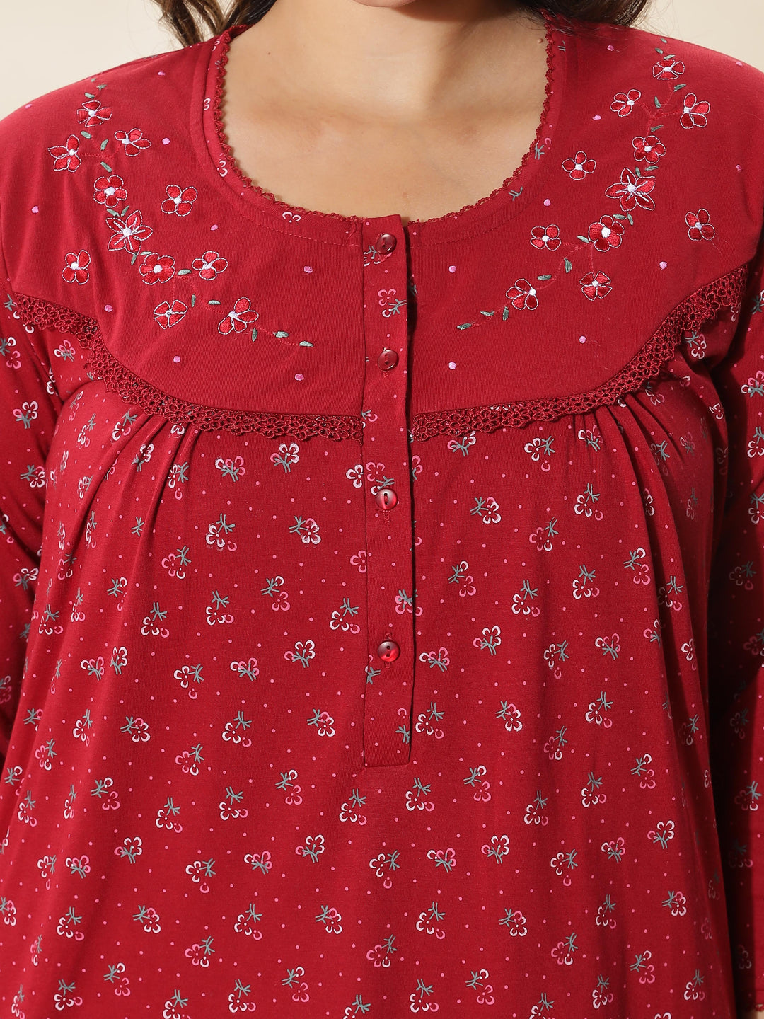 Stylish Red Floral Nighty for Women With 3/4th Sleeves & Maxi Design