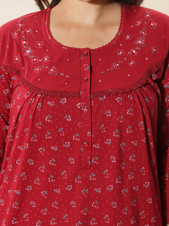 Stylish Red Floral Nighty for Women With 3/4th Sleeves & Maxi Design