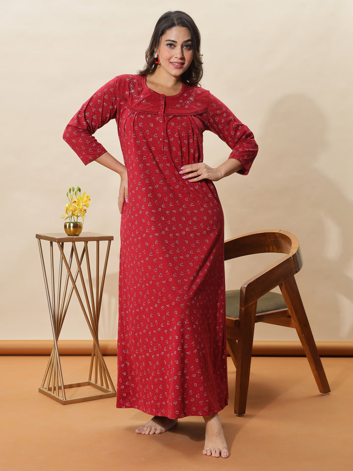 Stylish Red Floral Nighty for Women With 3/4th Sleeves & Maxi Design