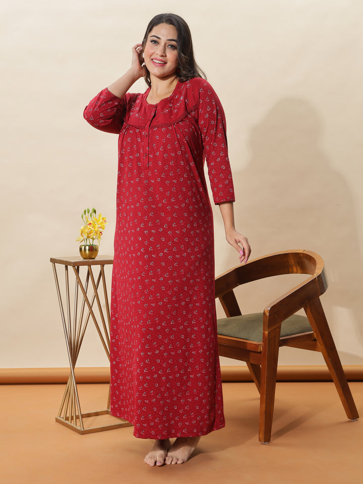 Stylish Red Floral Nighty for Women With 3/4th Sleeves & Maxi Design