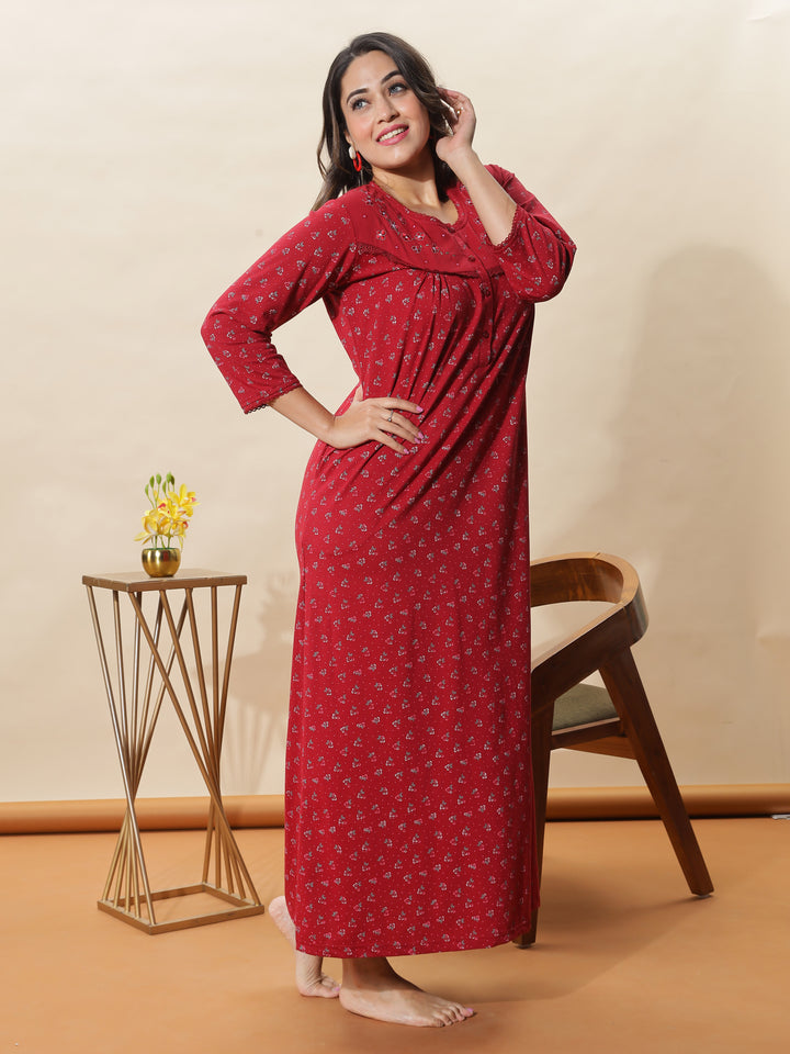 Stylish Red Floral Nighty for Women With 3/4th Sleeves & Maxi Design