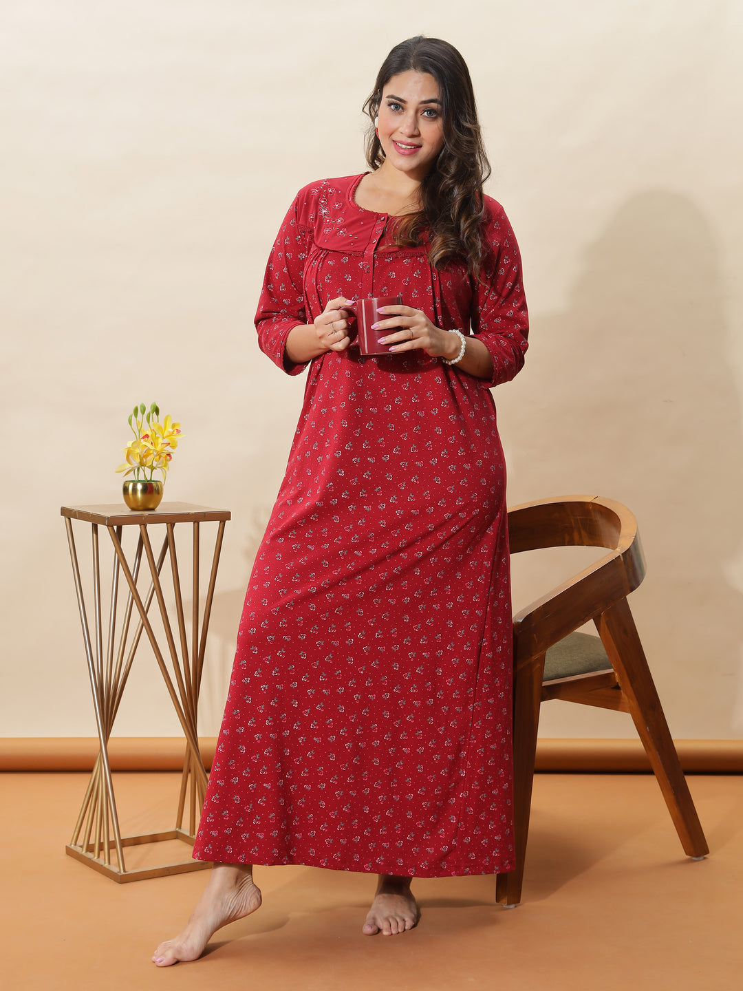 Stylish Red Floral Nighty for Women With 3/4th Sleeves & Maxi Design