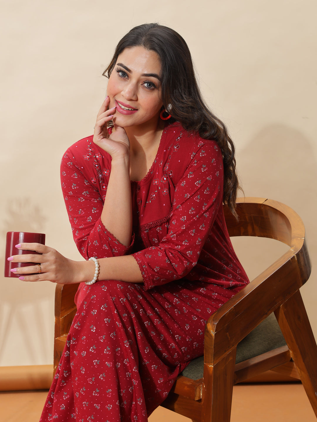 Stylish Red Floral Nighty for Women With 3/4th Sleeves & Maxi Design