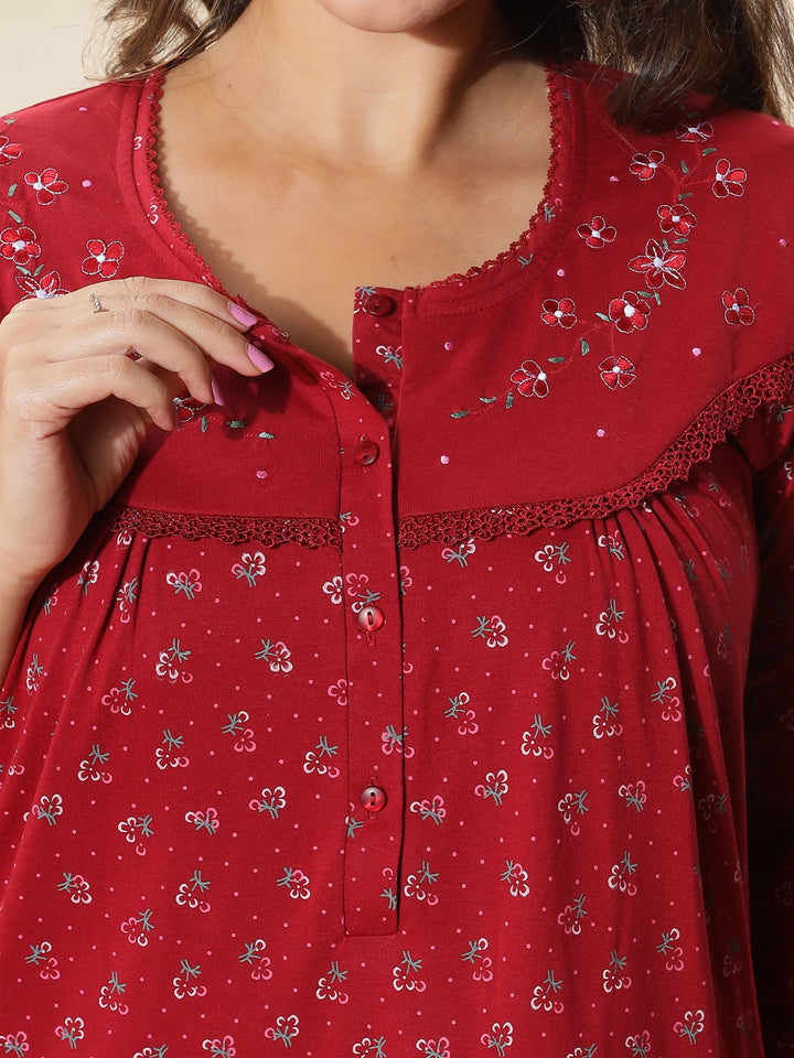 Stylish Red Floral Nighty for Women With 3/4th Sleeves & Maxi Design