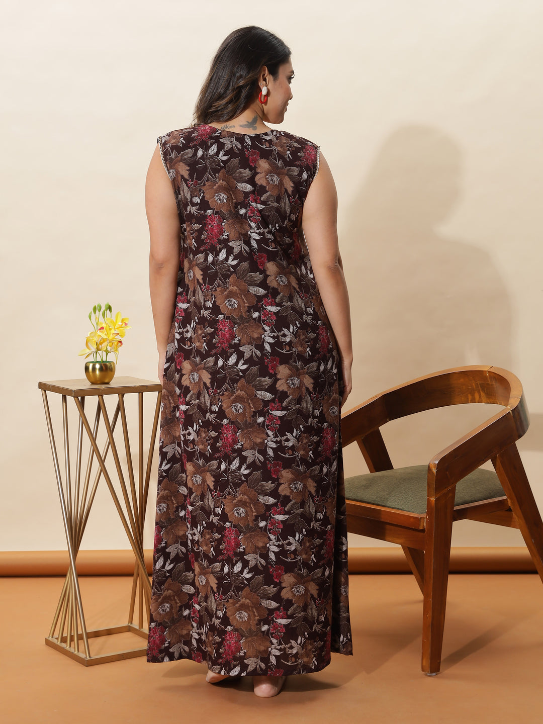 Brown Floral Sleeveless Nighty With Cozy A-Line Nightgown with Extra Sleeves