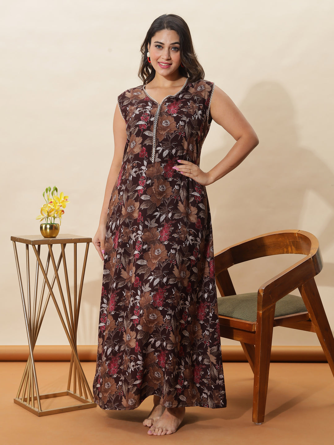 Brown Floral Sleeveless Nighty With Cozy A-Line Nightgown with Extra Sleeves