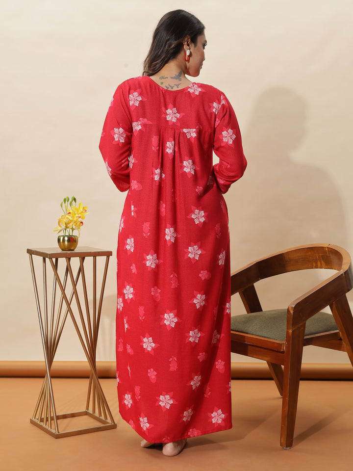 Red Embroidered Designer Nighty for Women With Stylish & Cozy