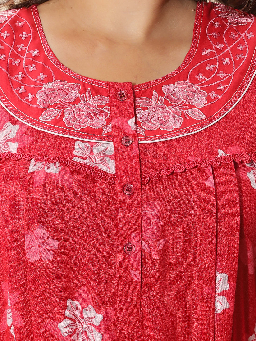 Red Embroidered Designer Nighty for Women With Stylish & Cozy