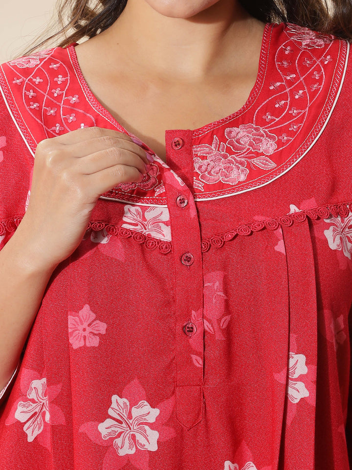 Red Embroidered Designer Nighty for Women With Stylish & Cozy