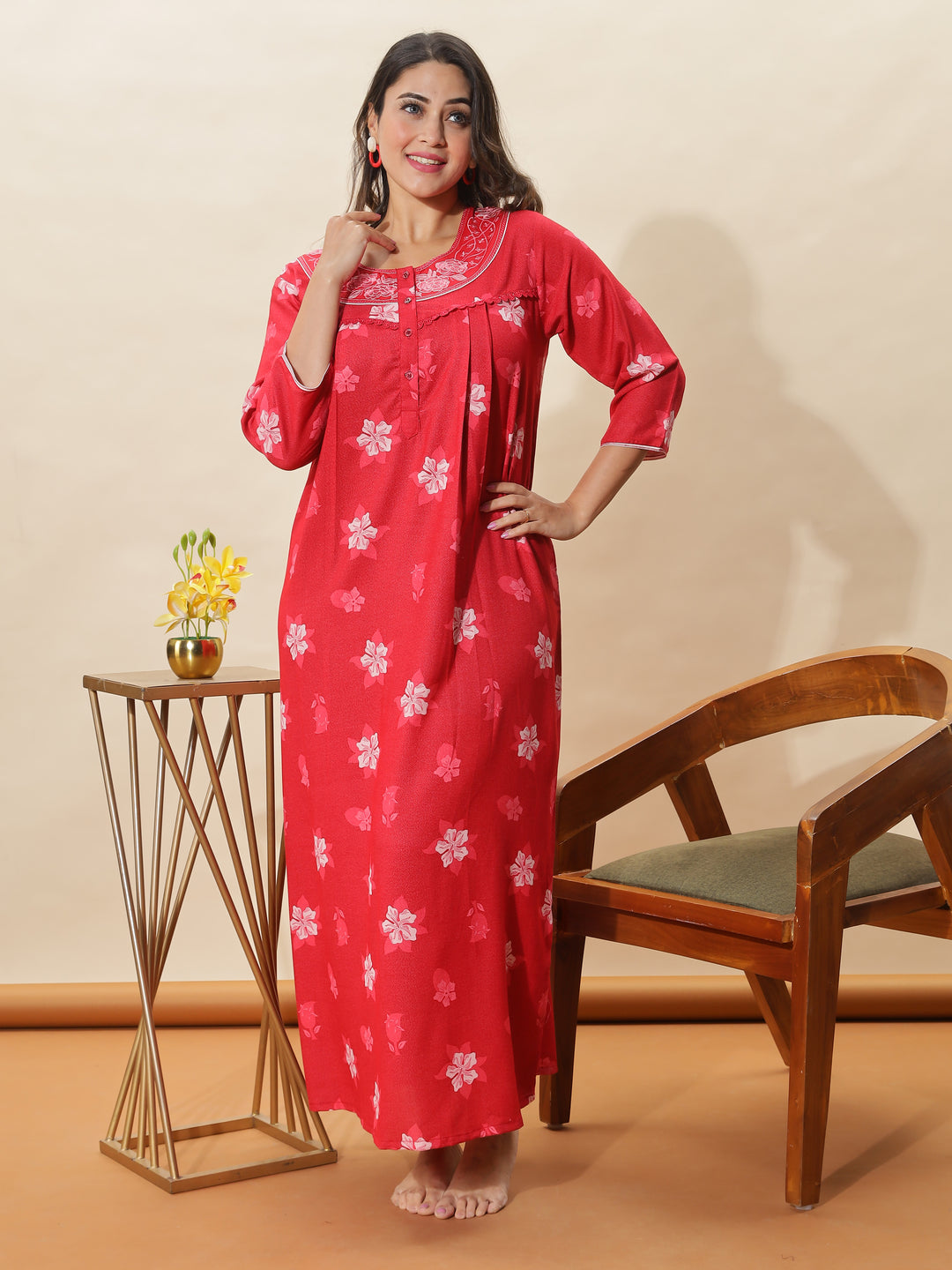 Red Embroidered Designer Nighty for Women With Stylish & Cozy