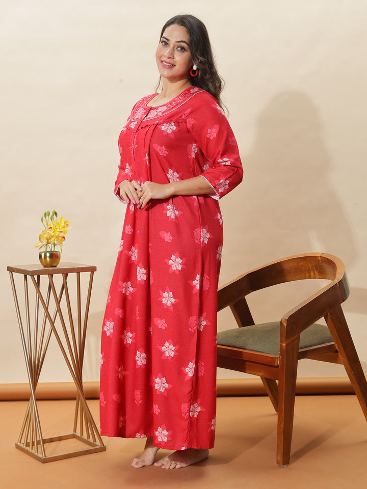 Red Embroidered Designer Nighty for Women With Stylish & Cozy