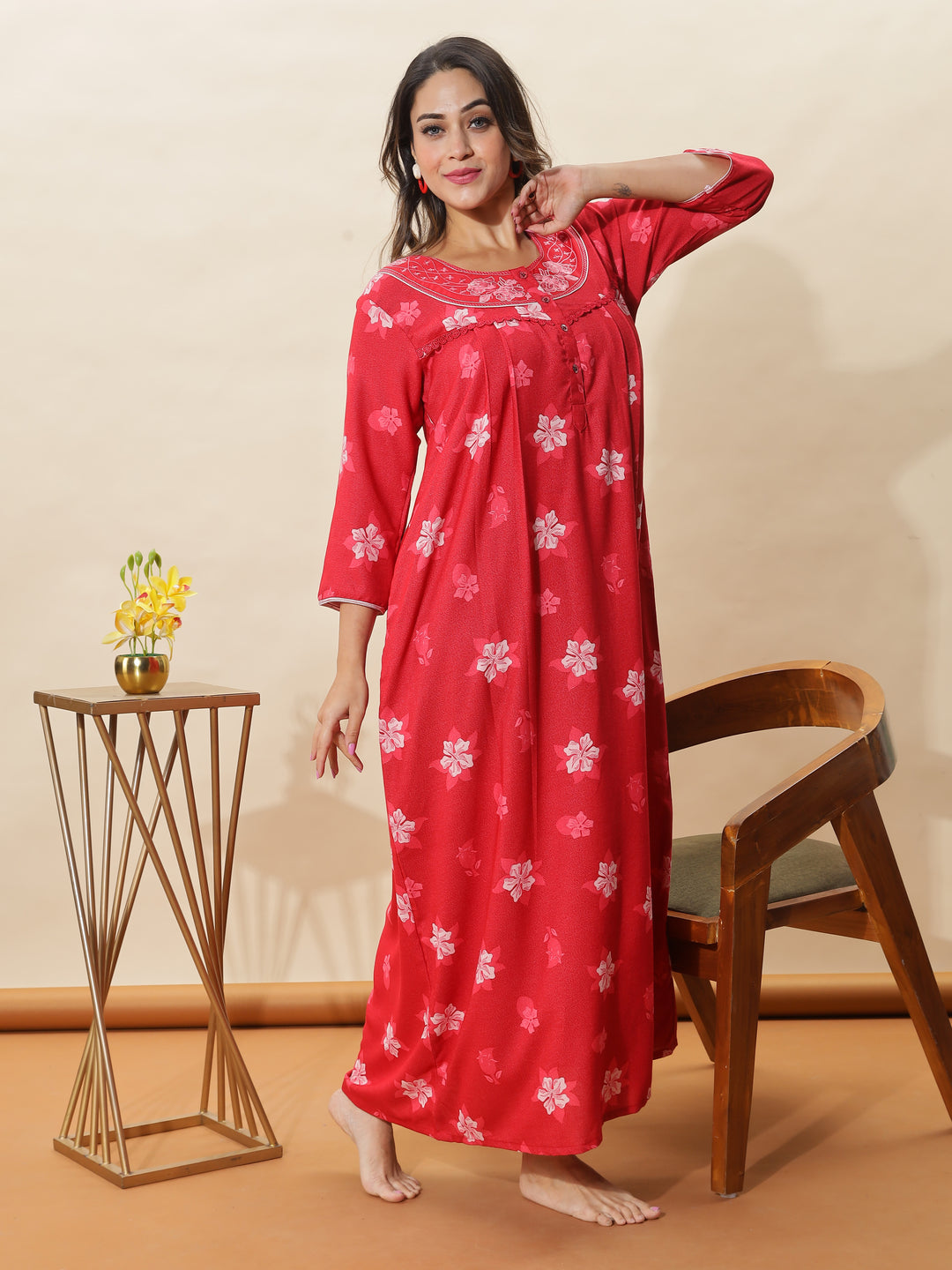 Red Embroidered Designer Nighty for Women With Stylish & Cozy